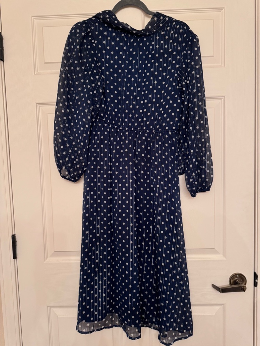 Sfera Navy Polka Dot Maxi Dress -Sheer Sleeves-Keyhole Back